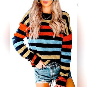 KIRUNDO Women's Striped Color Block Crew Neck Casual Loose Knit Pullover Tops